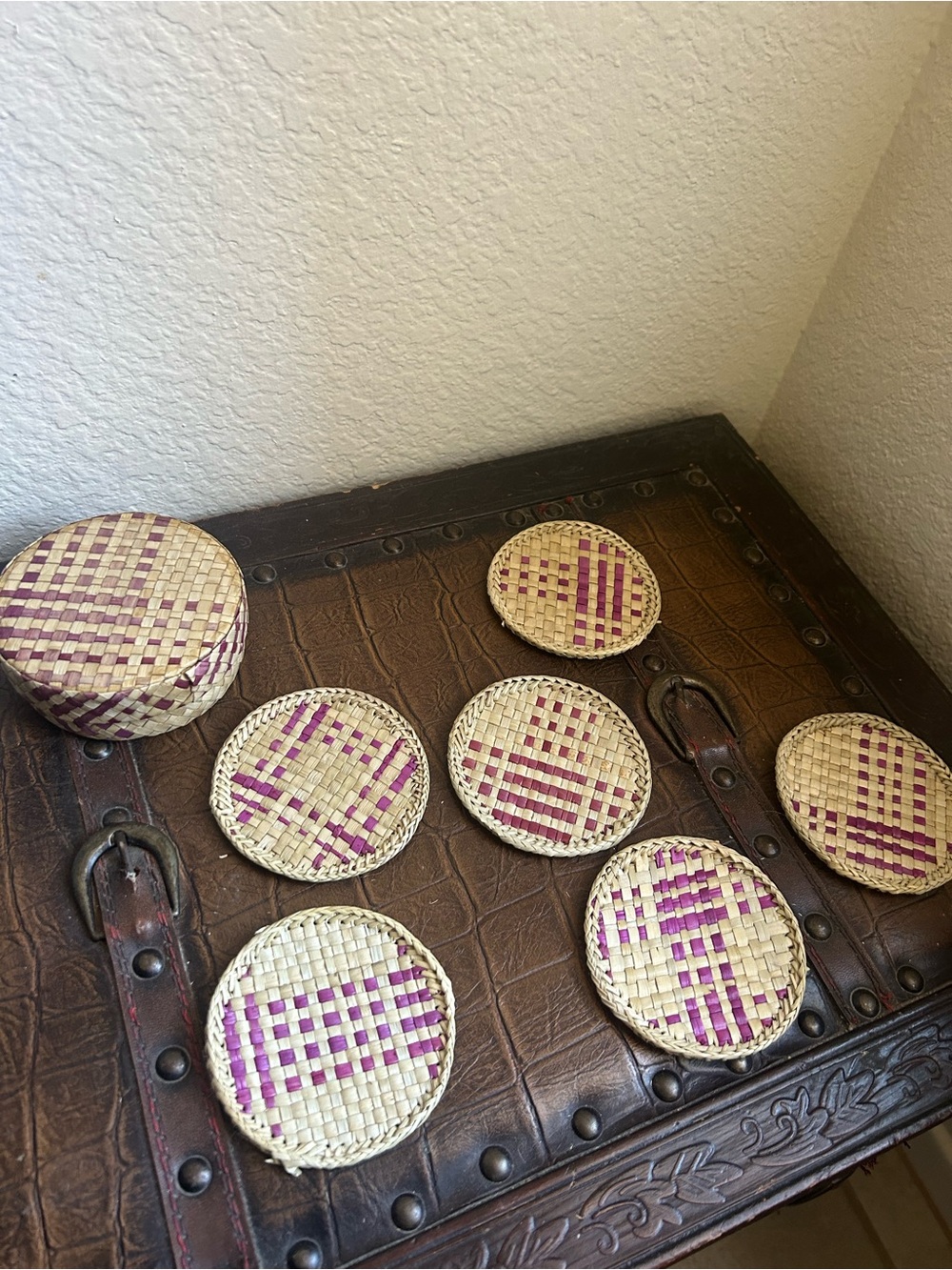 Handwoven Natural and Purple Round Trinket Box - Home Accents - Picture 2 of 3